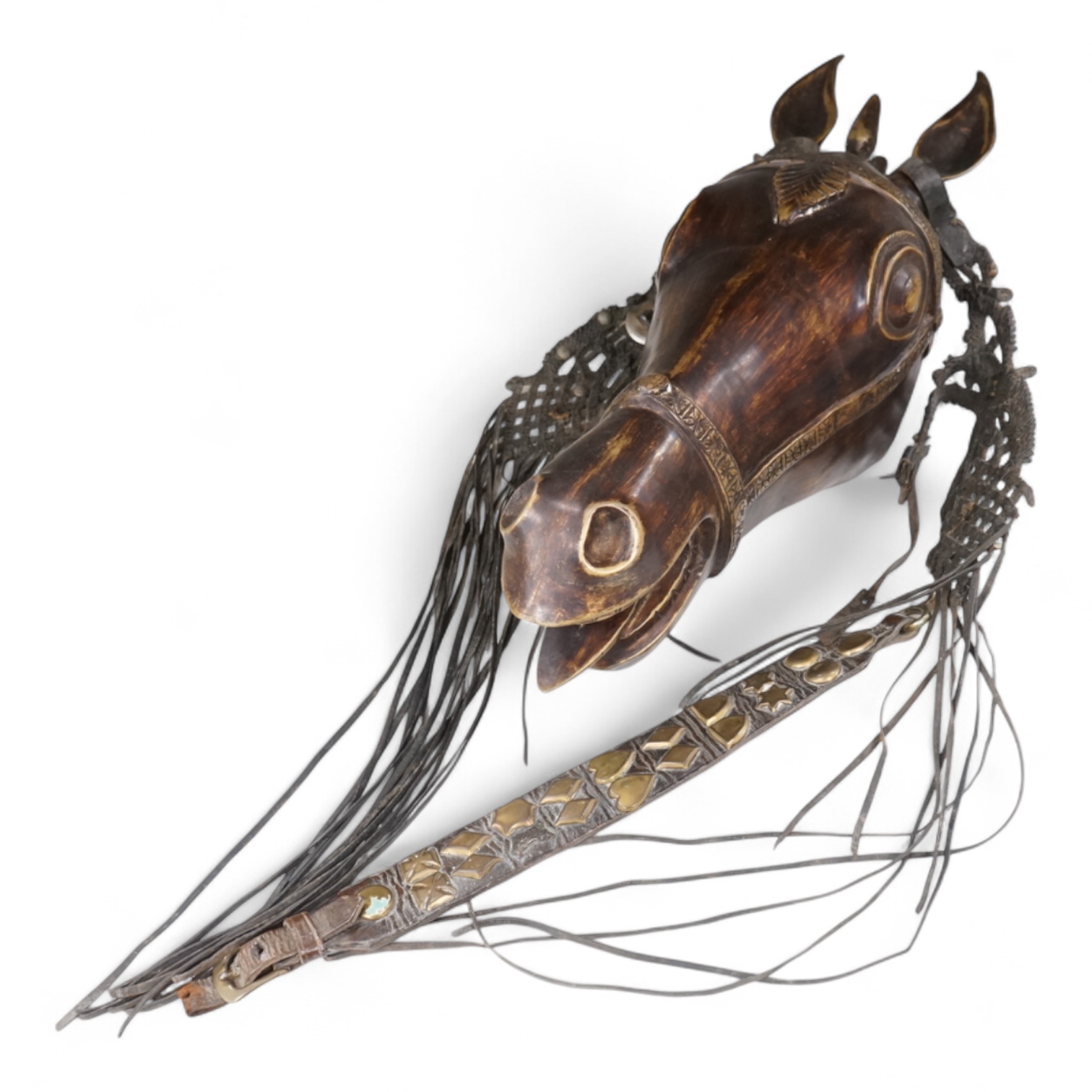 A bronze model horse’s head with martingale hanging, 55cm high